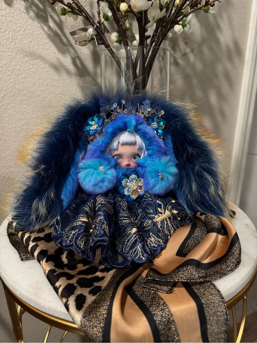 Blue Fur Custom Skullpanda Bunny with Iridescent Crystal Accent Accessories